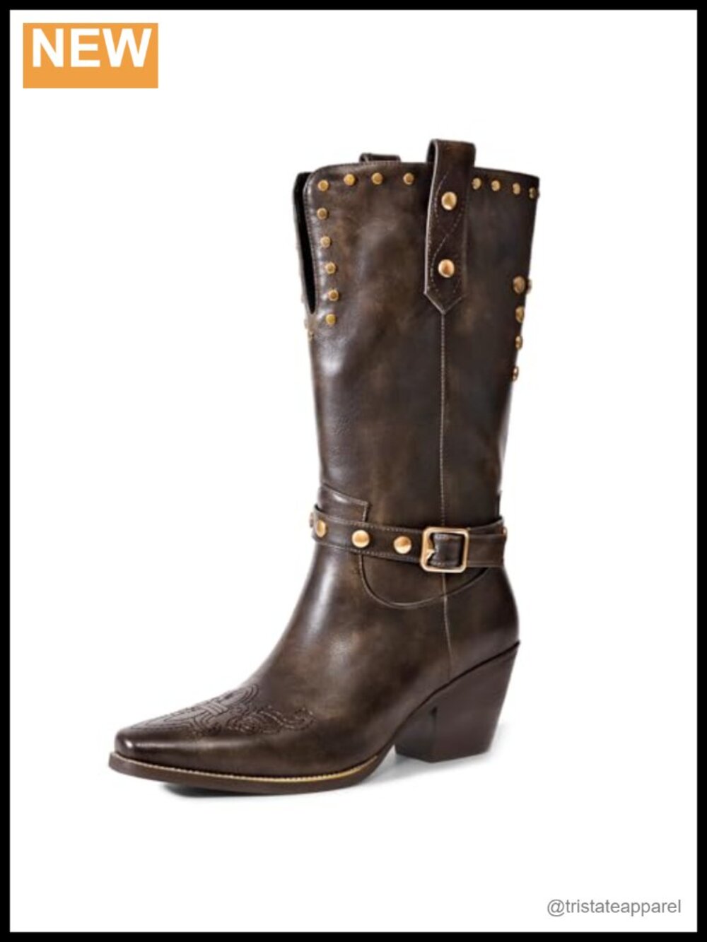 Womens Wide Calf Cowboy Boots Square Toe Low Heel Distressed Studded Faux